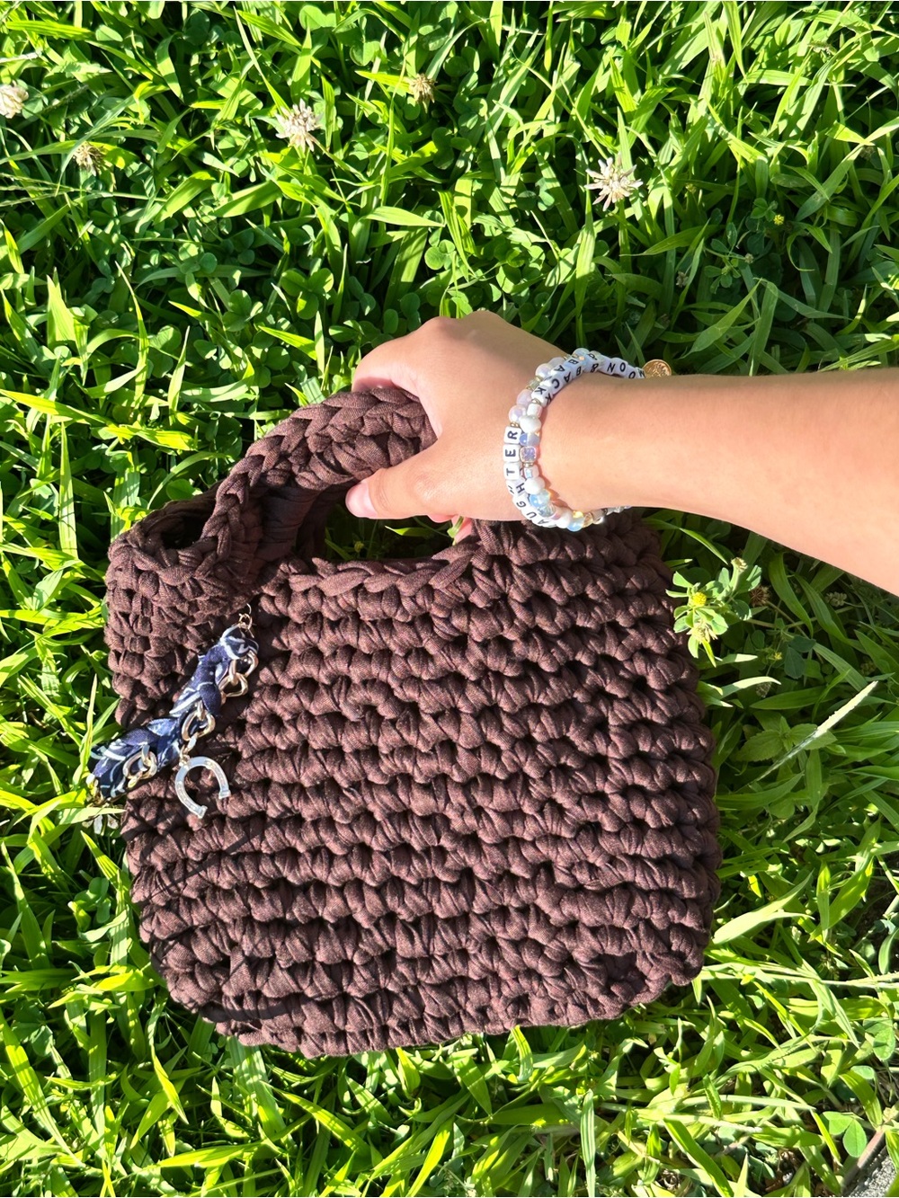 Handcrafted Chunky Knit Shoulder Bag in Deep Brown